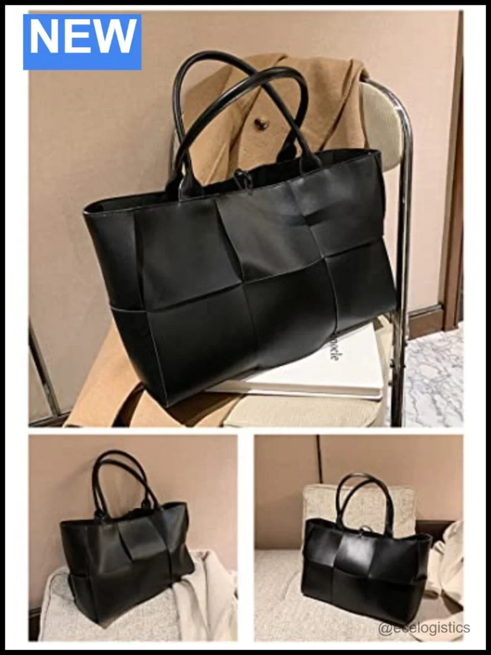 Faux Leather Woven Shoulder Bag with Matching Clutch